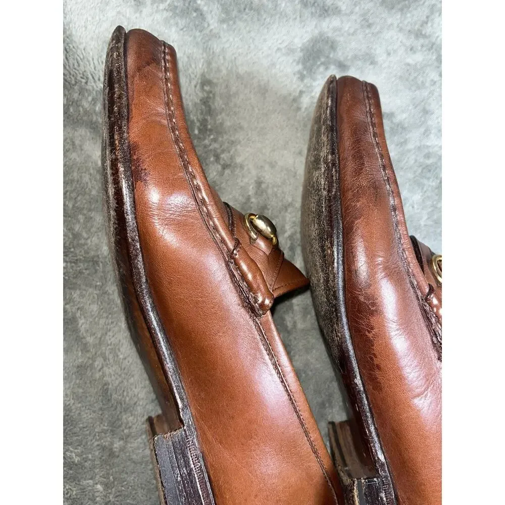 Vintage Gucci Mens 41D Horsebit Web Stripe Brown Leather Loafers Italy